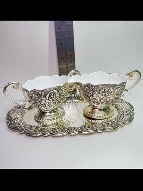 Vintage Eales 1779 Silverplate Sugar Creamer Set Tray Box Ornate Victorian Style